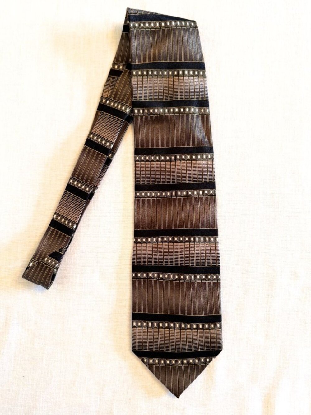 Vintage Mosaic Silk Architectural 58 in Tie Brown Gold Black Art Deco Wide